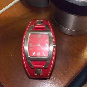 Red leather watch by Fossil. Circa 90’s